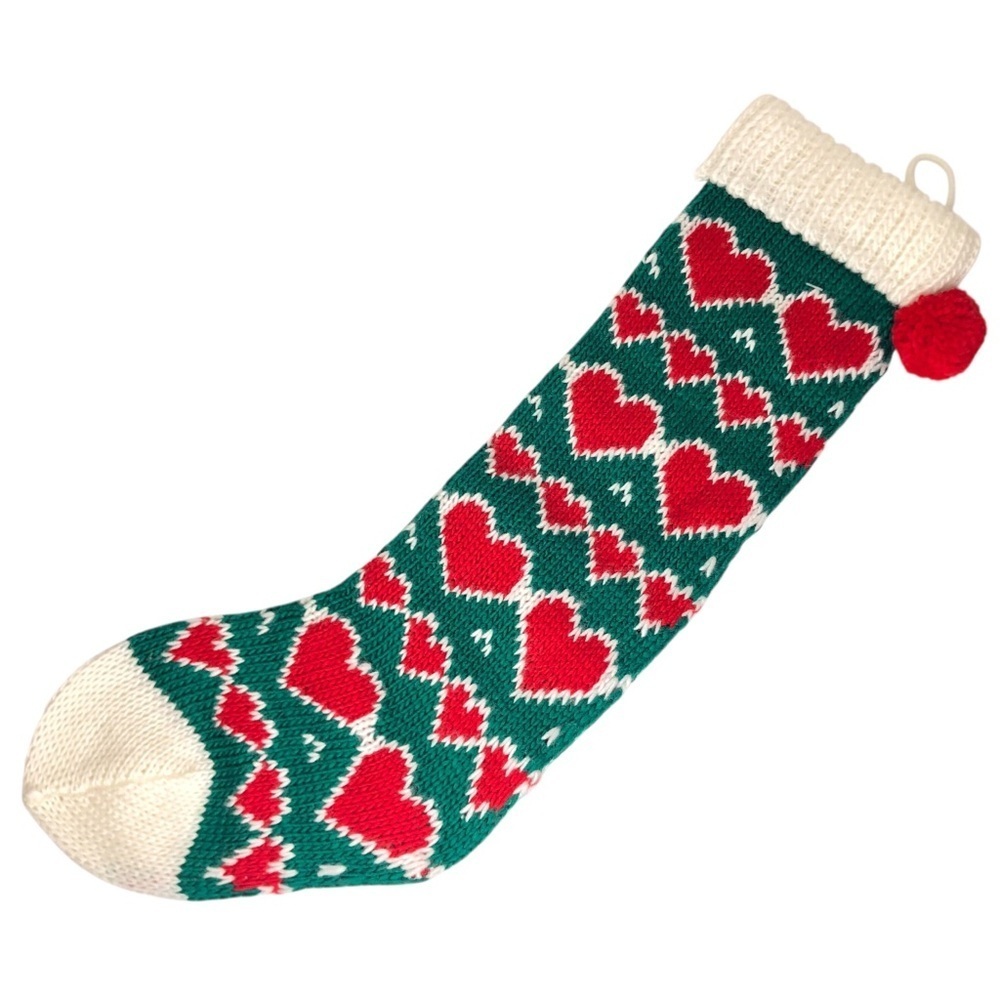 VINTAGE 80s NWT Deadstock Green Red Hearts Knit Christmas Stocking Holiday Xmas